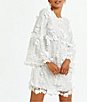 Color:3D White - Image 4 - 3D Floral Lace Embellished Mesh Crew Neck Long Flare Sleeve Shift Mini Dress