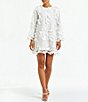 Color:3D White - Image 5 - 3D Floral Lace Embellished Mesh Crew Neck Long Flare Sleeve Shift Mini Dress