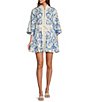 Color:Blue/Ivory - Image 1 - Carmen Floral Print Mandarin Collar 3/4 Full Sleeve Mini A-Line Dress