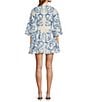 Color:Blue/Ivory - Image 2 - Carmen Floral Print Mandarin Collar 3/4 Full Sleeve Mini A-Line Dress