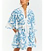 Color:Blue/Ivory - Image 4 - Carmen Floral Print Mandarin Collar 3/4 Full Sleeve Mini A-Line Dress