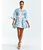 Color:Blue/Ivory - Image 5 - Carmen Floral Print Mandarin Collar 3/4 Full Sleeve Mini A-Line Dress
