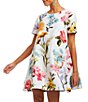 Color:Midnight Ocean - Image 5 - Cecily Reversible Mixed Floral Print Stretch Crepe Bow Tie Back Short Sleeve Crew Neck Mini A-Line Dress