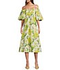 Color:Yellow - Image 1 - Emilie Linen Floral Off-the-Shoulder Puff Sleeve Sweetheart Neck A-Line Midi Dress