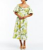 Color:Yellow - Image 5 - Emilie Linen Floral Off-the-Shoulder Puff Sleeve Sweetheart Neck A-Line Midi Dress