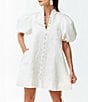 Color:Ivory - Image 4 - Linen Elliana Mandarin Collar Puff Sleeve Embroidered Button Front Mini Dress
