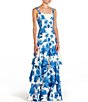 Color:Blue/Ivory Palm Toile - Image 1 - Torero Palm Toile Print Square Neck Shoulder Strap Tiered Ruffled Maxi Dress