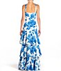 Color:Blue/Ivory Palm Toile - Image 2 - Torero Palm Toile Print Square Neck Shoulder Strap Tiered Ruffled Maxi Dress