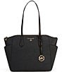 Color:Black - Image 1 - Marilyn Medium Saffiano Leather Top Zip Logo Charm Tote Bag