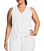 Color:White - Image 1 - Plus Size Button Front V-Neck Sleeveless Tie Front Tank