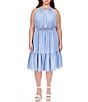 Color:Sky Blue Wash - Image 1 - Plus Size Chain Halter Neck Smocked Waist Sleeveless Midi Dress