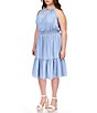 Color:Sky Blue Wash - Image 4 - Plus Size Chain Halter Neck Smocked Waist Sleeveless Midi Dress