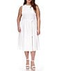 Color:White - Image 1 - Plus Size Crew Neck Sleeveless Tie Waist Midi A-Line Dress