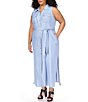 Color:Sky Blue Wash - Image 4 - Plus Size Denim Collared Neck Sleeveless Maxi Shirt Dress