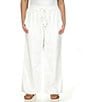 Color:White - Image 1 - Plus Size Linen Elastic Drawstring Tie Waist Pocketed Pull-On Pants
