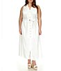 Color:White - Image 1 - Plus Size Linen Point Collar V-Neck Sleeveless Button Front Belted A-Line Maxi Dress