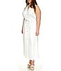 Color:White - Image 3 - Plus Size Linen Point Collar V-Neck Sleeveless Button Front Belted A-Line Maxi Dress