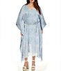 Color:Chambray - Image 1 - Plus Size Printed V-Neck 3/4 Sleeve Chain Belt Midi Caftan Dress