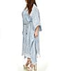 Color:Chambray - Image 3 - Plus Size Printed V-Neck 3/4 Sleeve Chain Belt Midi Caftan Dress