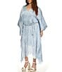 Color:Chambray - Image 4 - Plus Size Printed V-Neck 3/4 Sleeve Chain Belt Midi Caftan Dress
