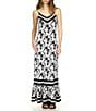 Color:Black/White - Image 1 - Printed V Neckline Sleeveless Maxi Dress