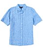 Color:Grecian Blue - Image 1 - Slim Fit Linen Short Sleeve Woven Shirt