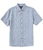Color:Denim - Image 1 - Slim Fit Linen Short Sleeve Woven Shirt