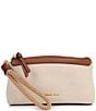 Color:Natural/Luggage - Image 1 - Talia Small Top Zip Canvas Wristlet