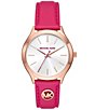 Color:Pink - Image 1 - Women's Slim Runway Three-Hand Deep Pink Leather Strap Watch