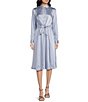 Color:Blueberry - Image 1 - MICHAEL Michael Kors Crinkle Satin Graphic Ladder Pinstripe Collar Tie Waist Long Sleeve Shirt Dress