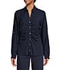 Color:Midnight Blue - Image 1 - MICHAEL Michael Kors Drapey Poplin Ruched Button Front Top
