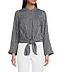 Color:Midnight Blue - Image 1 - MICHAEL Michael Kors Halo Pinstripe Woven Banded Collar Long Flare Sleeve Front-Tie Hem Top