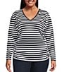 Color:Midnight Black - Image 1 - MICHAEL Michael Kors Plus Size Double Knit Ruched Stretch Stripe Print V-Neck Long Sleeve Top