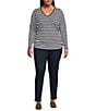 Color:Midnight Black - Image 3 - MICHAEL Michael Kors Plus Size Double Knit Ruched Stretch Stripe Print V-Neck Long Sleeve Top