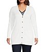 Color:White - Image 1 - MICHAEL Michael Kors Plus Size Ribbed Knit V-Neck Long Sleeve Fitted Button Front Cardigan