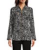 Color:White/Black - Image 1 - MICHAEL Michael Kors Woven Ocelot Dogtag Inverted Graphic Collared Long Sleeve Top
