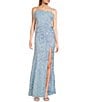 Color:Powder Blue - Image 1 - Feather Trim Sequin Front Slit Long Dress