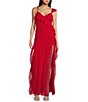 Color:Red - Image 1 - One Shoulder Ruffle Side Slit Long Dress