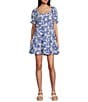 Color:Ivory/Blue - Image 1 - Printed Bubble Textured Puff Sleeve Tie Back Dress