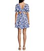 Color:Ivory/Blue - Image 2 - Printed Bubble Textured Puff Sleeve Tie Back Dress