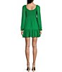 Color:Gucci Green - Image 2 - Puff Long-Sleeve Square Neck Ruched Bodice Clip-Dot Chiffon Dress