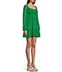 Color:Gucci Green - Image 3 - Puff Long-Sleeve Square Neck Ruched Bodice Clip-Dot Chiffon Dress