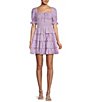 Color:Lavender - Image 1 - Puff Sleeve Woven Check Smocked Bodice Tiered Ruffle Dress