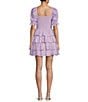 Color:Lavender - Image 2 - Puff Sleeve Woven Check Smocked Bodice Tiered Ruffle Dress