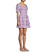 Color:Lavender - Image 3 - Puff Sleeve Woven Check Smocked Bodice Tiered Ruffle Dress