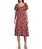 Color:Red Multi - Image 1 - Sweetheart Short Sleeve Floral Printed Midi Dress