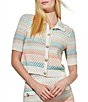 Color:White/Coral Sand/Multi - Image 1 - Knit Honeycomb Stripe Print Point Collar Short Sleeve Contrast Trim Coordinating Jacket