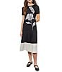 Color:Black/White - Image 1 - Mixed Media Placement Floral Boat Neck Short Sleeve Drop Waist Pleated Skirt Midi Dress
