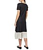 Color:Black/White - Image 2 - Mixed Media Placement Floral Boat Neck Short Sleeve Drop Waist Pleated Skirt Midi Dress