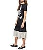 Color:Black/White - Image 3 - Mixed Media Placement Floral Boat Neck Short Sleeve Drop Waist Pleated Skirt Midi Dress